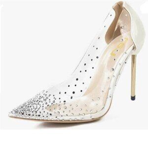 FSJ Women Studded Pointed Toe Transparent Pumps High Heels Shoes White
